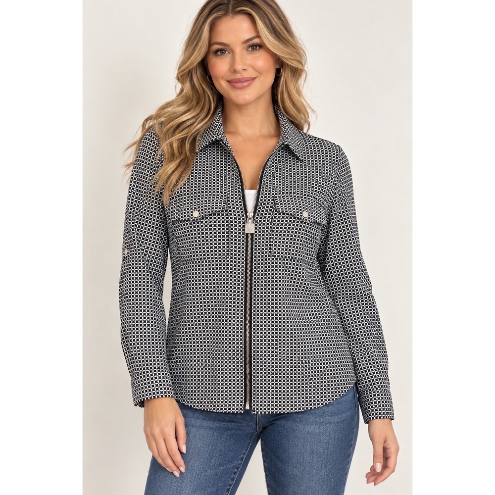 Michael Kors Zip Front Utility Shirt Womens S Black White Geometric